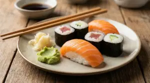 Piatto di sushi con wasabi, zenzero e bacchette su tavolo in legno
