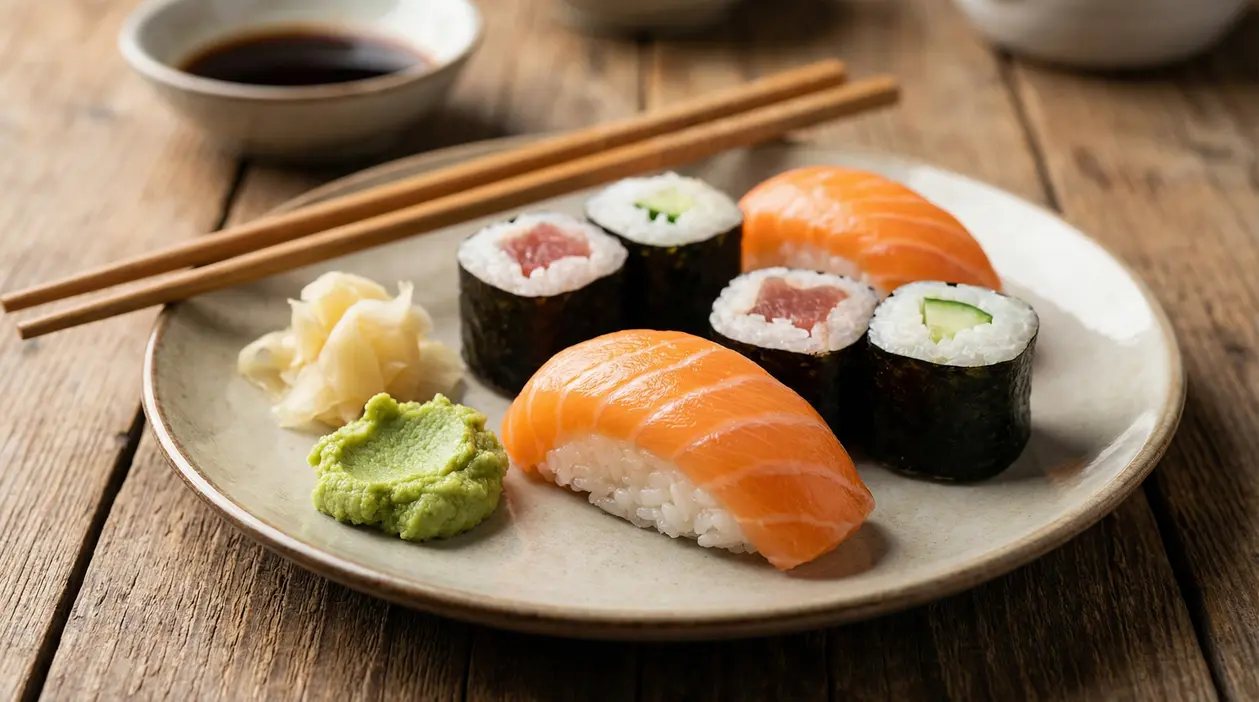 Piatto di sushi con wasabi, zenzero e bacchette su tavolo in legno