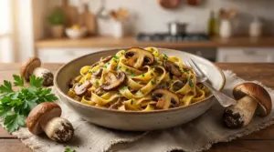 Piatto di tagliatelle ai funghi porcini con prezzemolo fresco su tavolo rustico