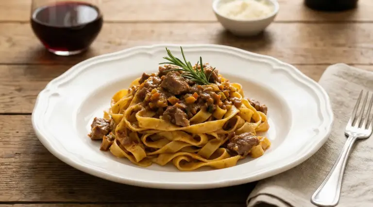 Piatto di tagliatelle al ragù di anatra servito su un piatto bianco con rametto di rosmarino