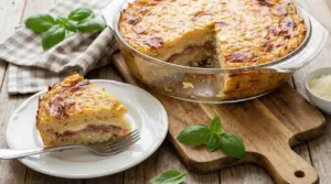 Fetta di timballo di riso al forno con provola e prosciutto su piatto bianco