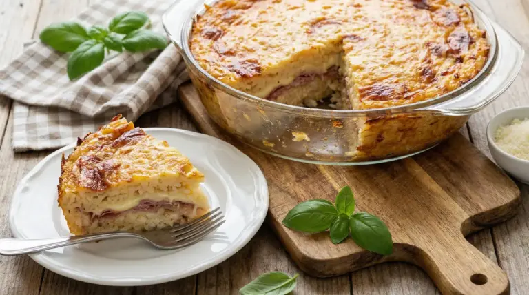 Fetta di timballo di riso al forno con provola e prosciutto su piatto bianco
