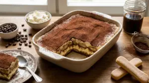 Tiramisù in teglia con crema al mascarpone, caffè e savoiardi su tavolo di legno