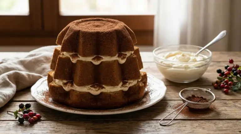 Tiramisù con pandoro a strati su un piatto, con crema e cacao in polvere su un tavolo rustico