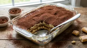 Tiramisù fatto in casa in una teglia di vetro, con un cucchiaio e una porzione mancante