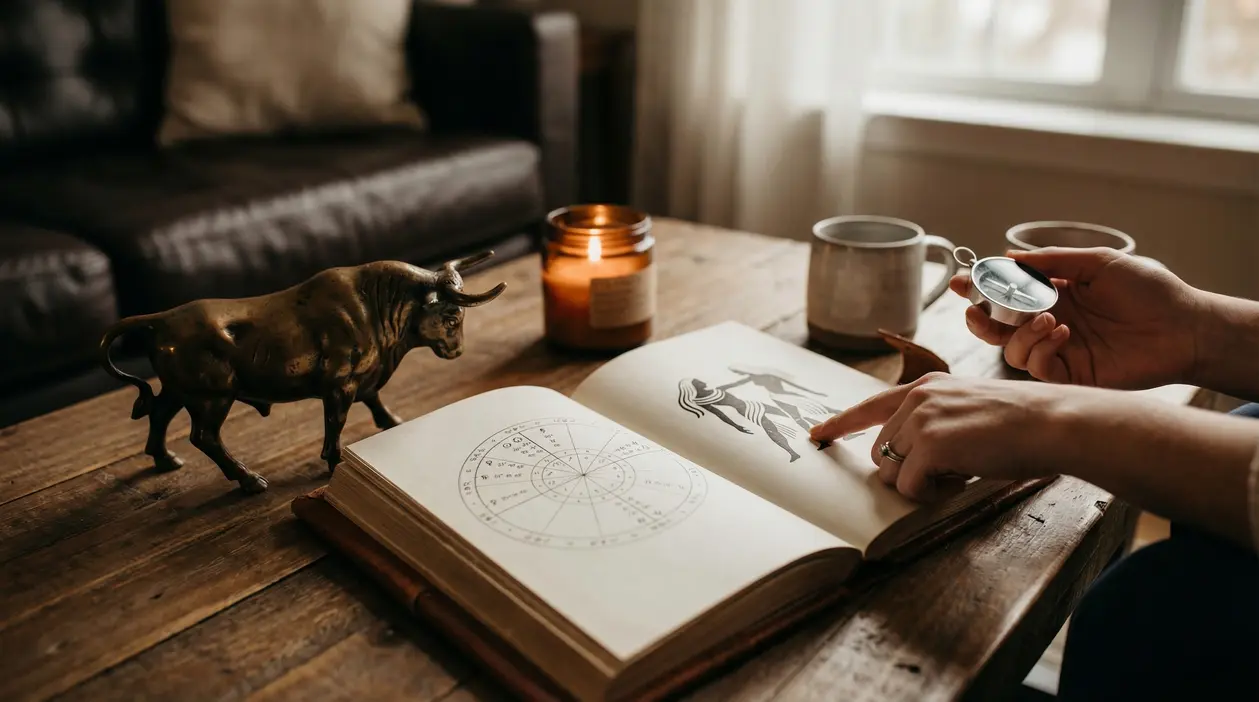 Una mano indica un segno zodiacale su un libro aperto accanto a una statua di toro su un tavolo
