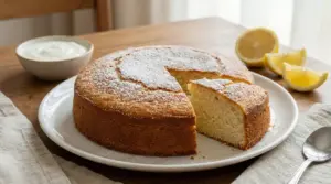 Torta soffice allo yogurt con zucchero a velo su un piatto bianco