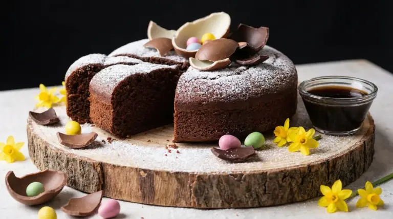 Torta al cioccolato decorata con pezzi di uova di Pasqua e zucchero a velo
