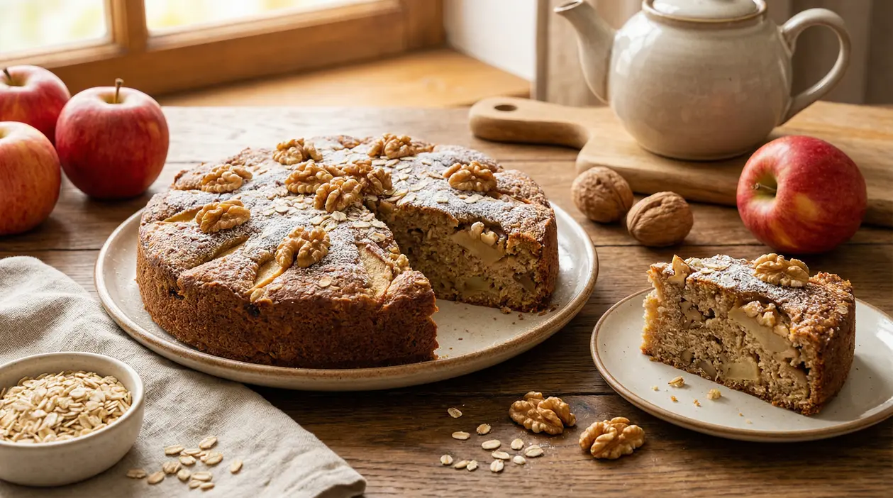 Fetta di torta di mele con avena e noci su un piatto, con mele e teiera sullo sfondo