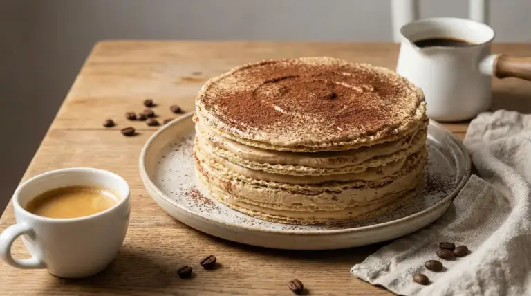 Torta fredda con strati di wafer e crema al caffè su piatto in ceramica