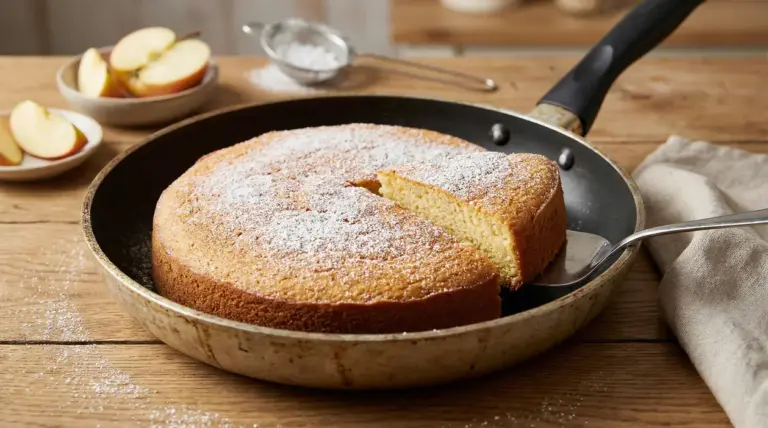 Torta soffice cotta in padella con zucchero a velo sopra, su tavolo in legno