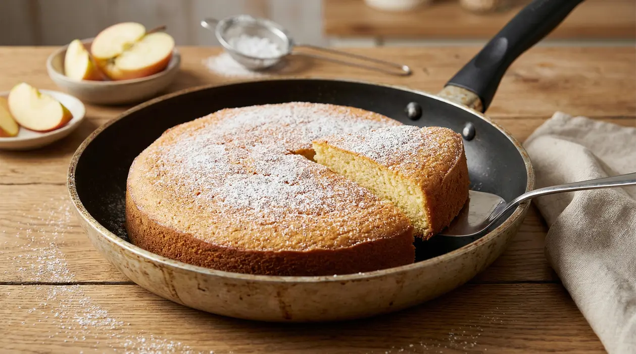Torta soffice cotta in padella con zucchero a velo sopra, su tavolo in legno