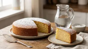 Torta soffice senza latte con una fetta tagliata su un tavolo rustico