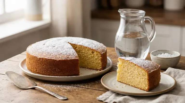 Torta soffice senza latte con una fetta tagliata su un tavolo rustico