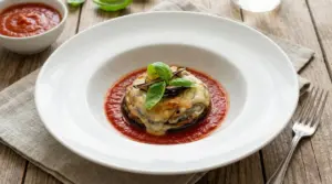 Tortino di melanzane monoporzione servito su salsa di pomodoro in un piatto bianco