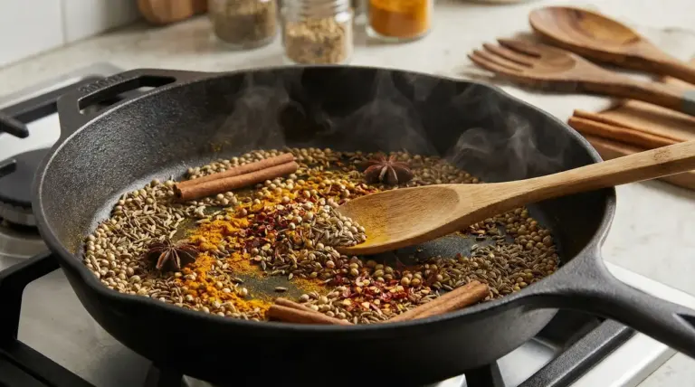 Spezie miste che tostano in una padella di ghisa con un cucchiaio di legno