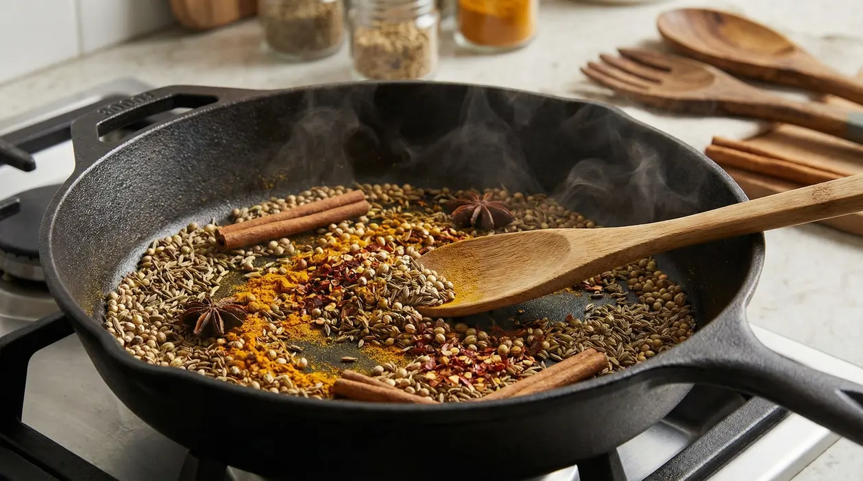Spezie miste che tostano in una padella di ghisa con un cucchiaio di legno
