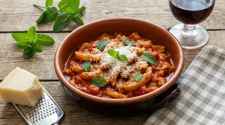 Piatto di trippa alla romana con pecorino grattugiato e foglie di menta in una ciotola di terracotta