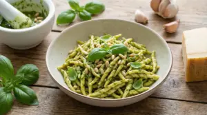 Piatto di trofie al pesto genovese con basilico fresco e pinoli su un tavolo rustico