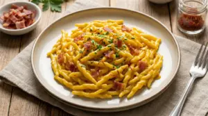 Piatto di trofie con panna, speck e zafferano guarnito con prezzemolo fresco