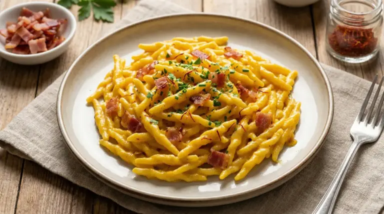 Piatto di trofie con panna, speck e zafferano guarnito con prezzemolo fresco