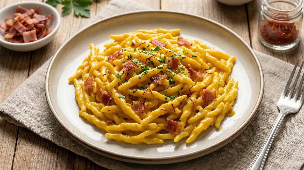 Piatto di trofie con panna, speck e zafferano guarnito con prezzemolo fresco