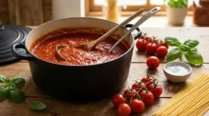 Pentola di sugo di pomodoro con mestoli, accanto a pomodori, sale grosso, basilico e spaghetti crudi