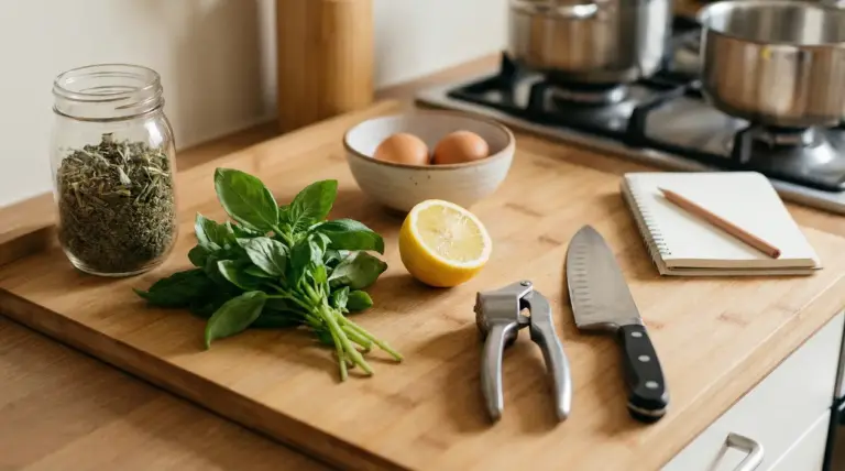 Ingredienti freschi e utensili da cucina su un tagliere in legno
