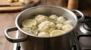 Cavolfiore in pentola con limone e alloro durante la cottura su fornello