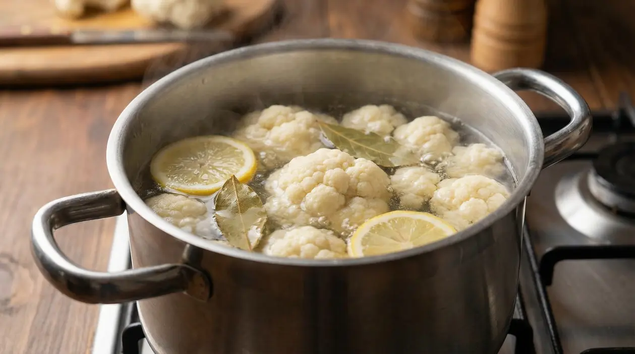 Cavolfiore in pentola con limone e alloro durante la cottura su fornello