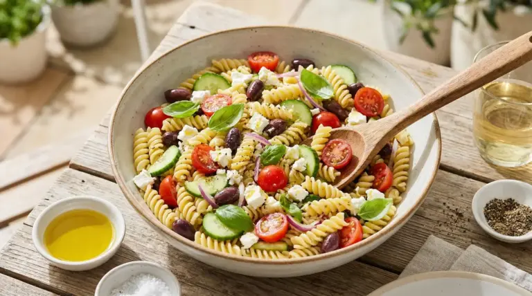 Insalata di pasta fredda con fusilli, pomodorini, cetrioli, feta, olive e basilico in una ciotola