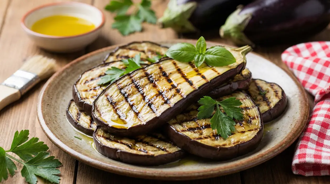 Fette di melanzane grigliate condite con olio e guarnite con erbe fresche su un piatto di ceramica