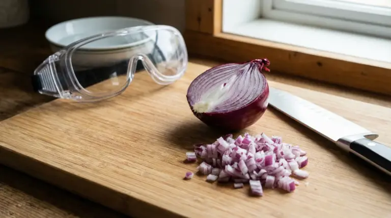 Cipolla rossa tagliata su un tagliere con coltello e occhiali protettivi
