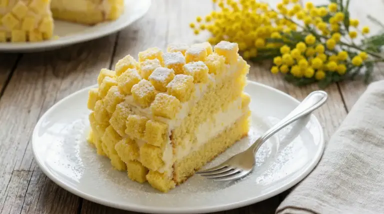 Fetta di torta mimosa su piatto bianco con forchetta, decorata con cubetti soffici e zucchero a velo