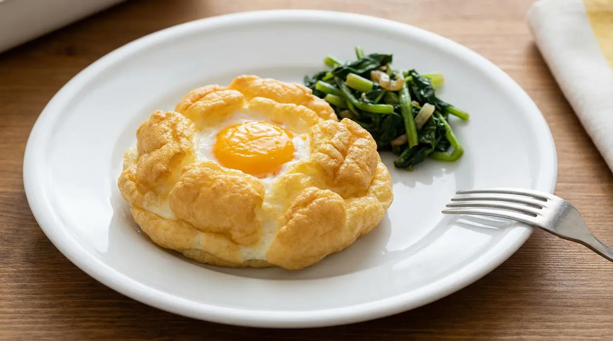 Uovo alla nuvola servito con contorno di verdure su un piatto bianco