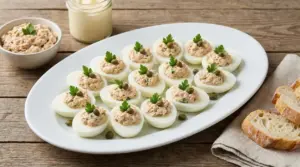 Uova sode ripiene con crema di tonno e maionese, guarnite con capperi e prezzemolo su piatto bianco