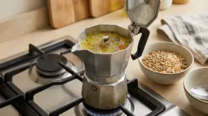 Caffettiera usata per cucinare una zuppa su un fornello in cucina