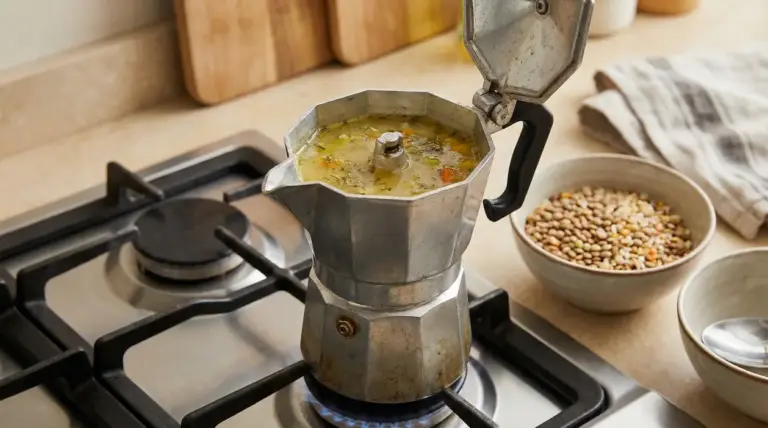 Caffettiera usata per cucinare una zuppa su un fornello in cucina