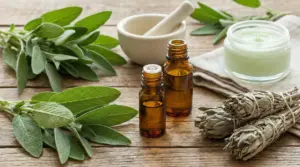 Foglie di salvia fresca e secca, oli essenziali e crema su un tavolo di legno