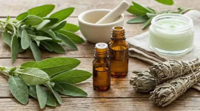 Foglie di salvia fresca e secca, oli essenziali e crema su un tavolo di legno