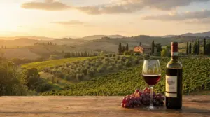 Calice di vino rosso e grappoli d'uva con vista sulle colline toscane al tramonto