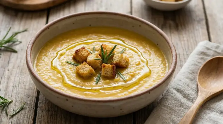 Ciotola di vellutata di ceci con crostini e rosmarino su tavolo rustico