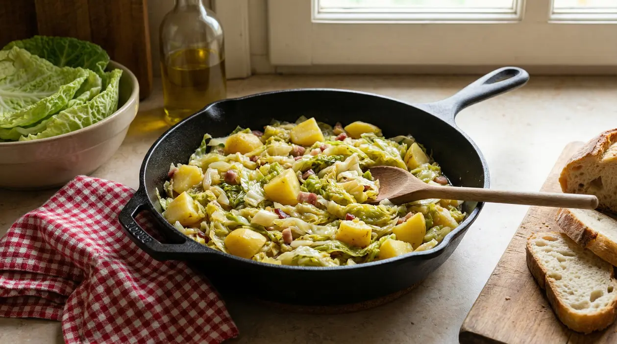 Padella con verza, patate e pancetta su tavolo da cucina vicino a fette di pane