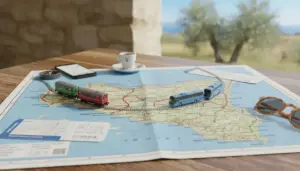 Mappa della Sicilia con modellini di treno e autobus sopra un tavolo all'aperto