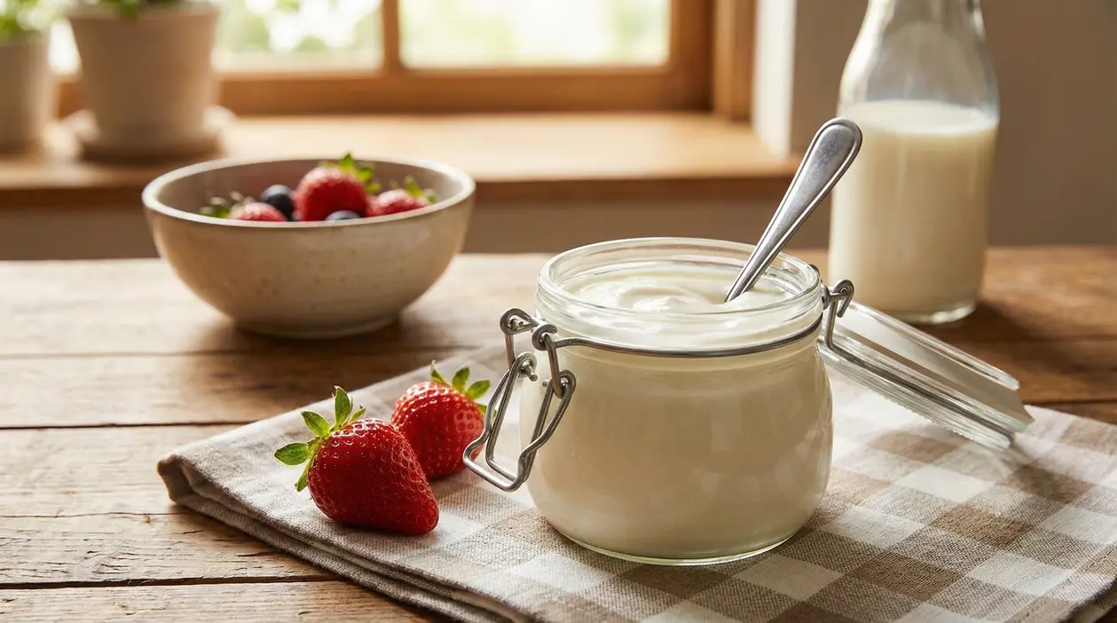 Vasetto di yogurt fatto in casa con fragole fresche su un tavolo rustico