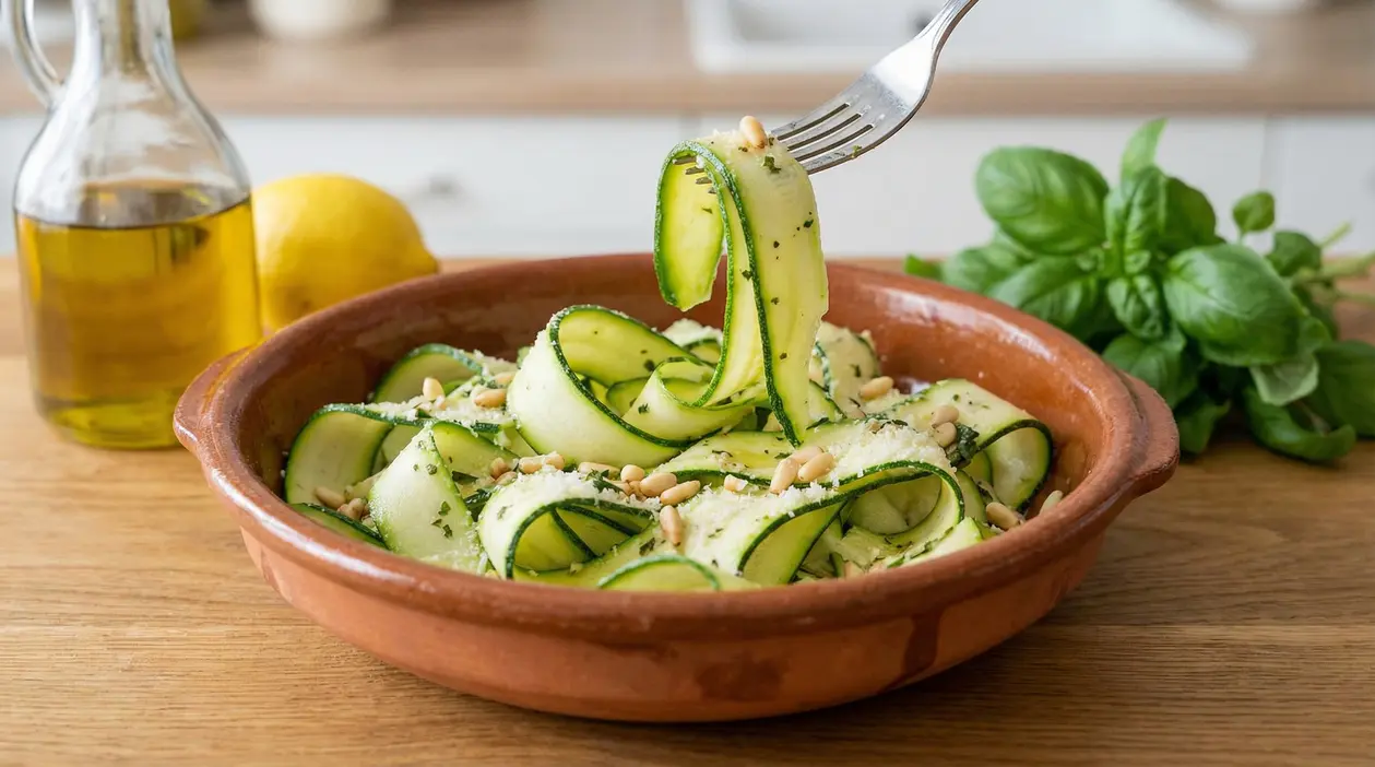 Insalata di zucchine crude con pinoli e formaggio in una ciotola di terracotta