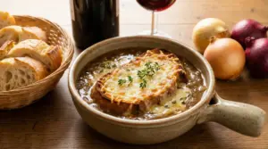Zuppa di cipolle alla francese con crostino gratinato servita in una ciotola di ceramica
