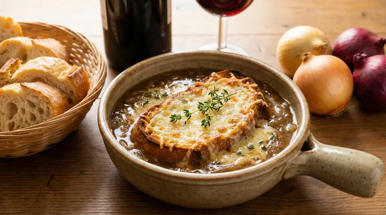 Zuppa di cipolle alla francese con crostino gratinato servita in una ciotola di ceramica