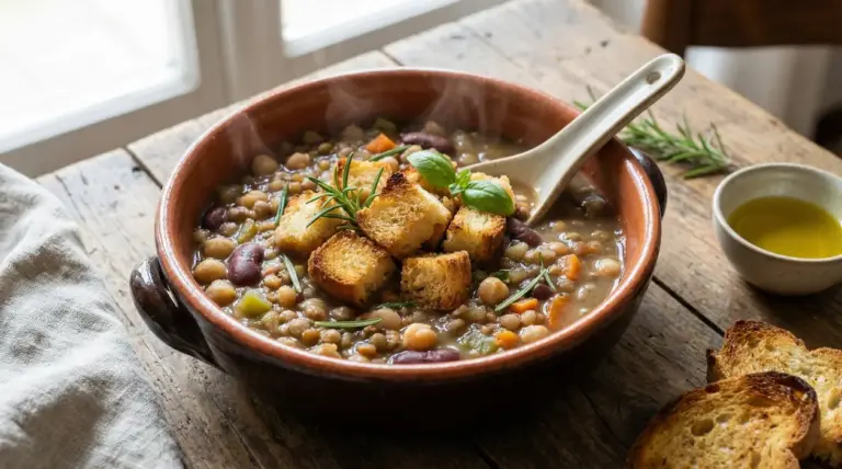Zuppa di legumi misti servita in ciotola di terracotta con crostini di pane e rosmarino