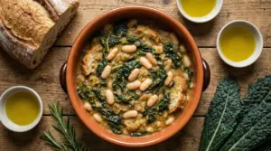 Zuppa toscana con cavolo nero, fagioli e pane servita in una ciotola di terracotta